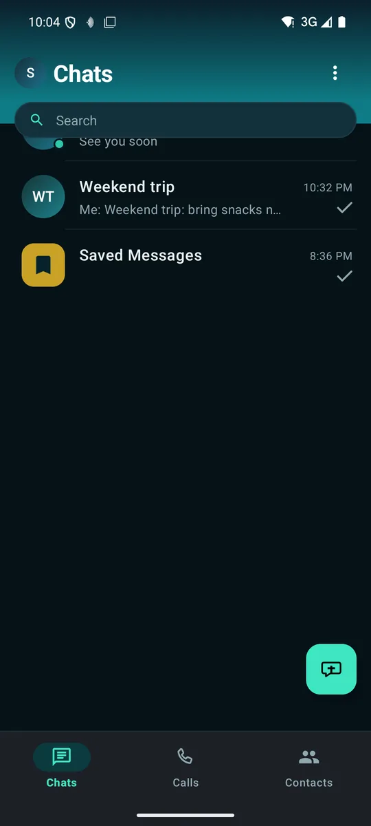 Chat list with a group, a contact and Saved Messages