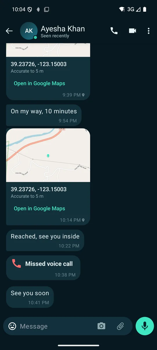 Chat with a shared location card showing the map