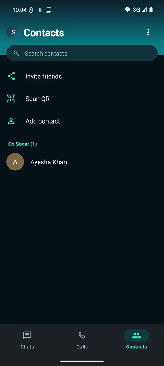 Contacts tab with invite, QR and add contact actions
